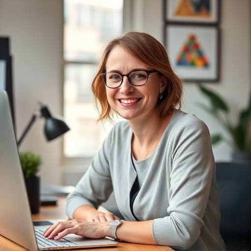 Foto von Lena Meier, Content-Strategin, die an einem Schreibtisch sitzt und lächelt.